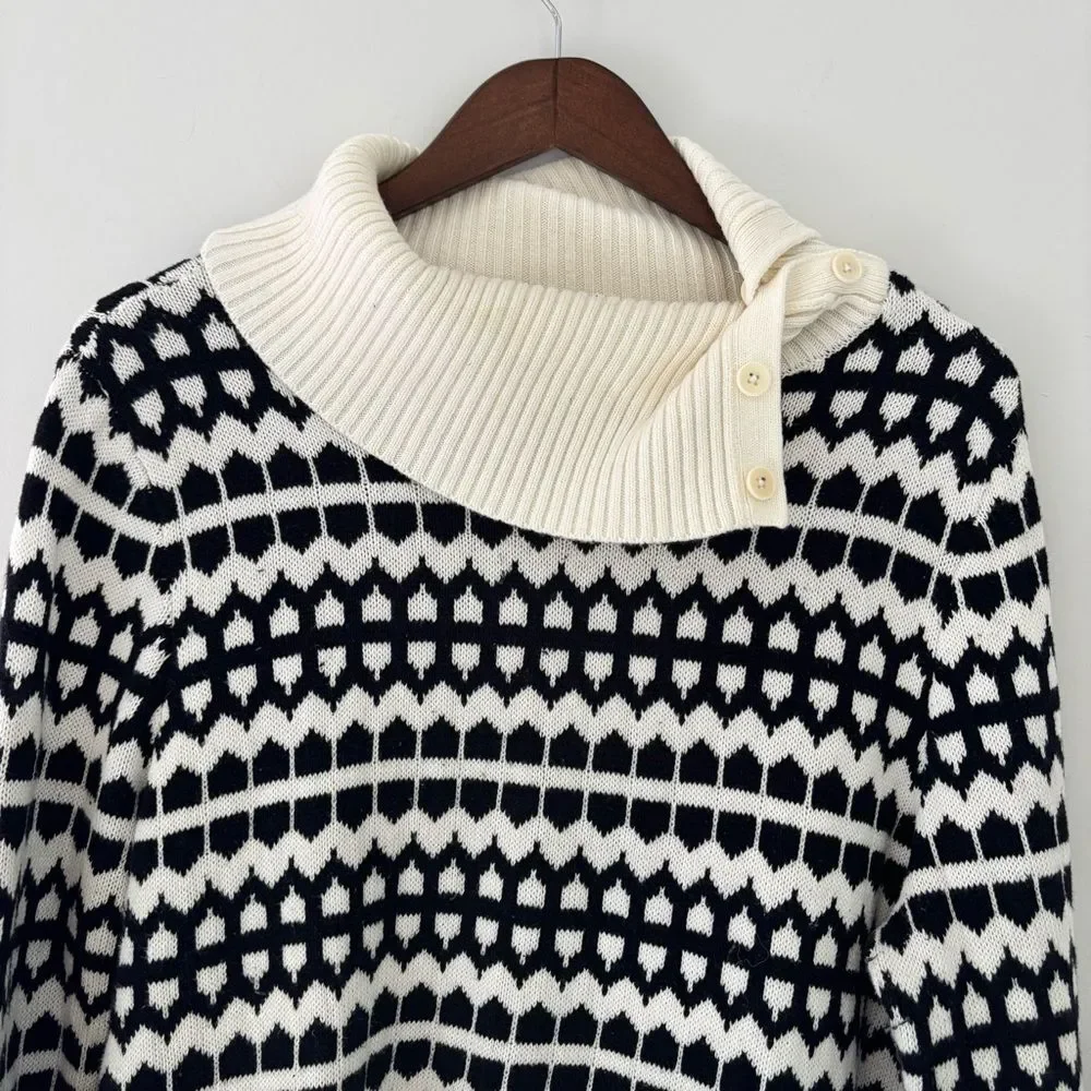 Talbots Petites Black White Geometric Knit Funnel Neck Button Sweater XLP